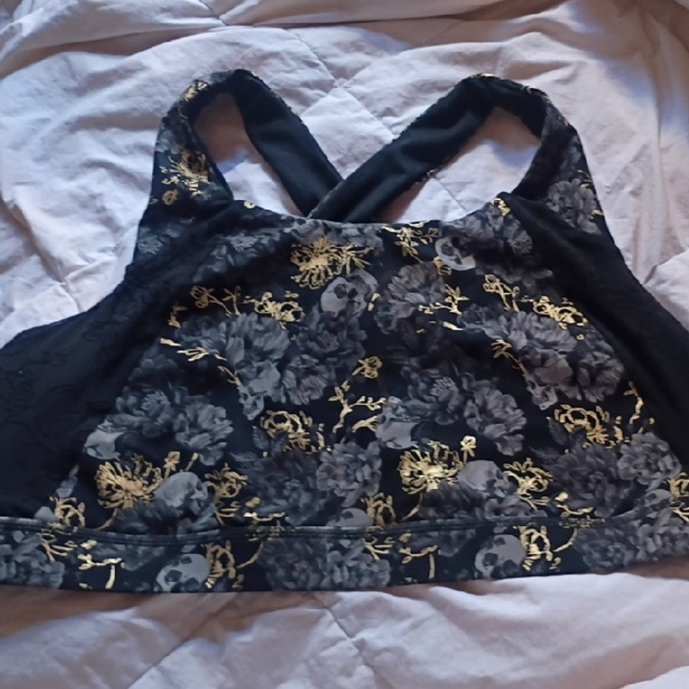 Torrid Black Floral Gold Metallic Lace-Trim Sports Bra